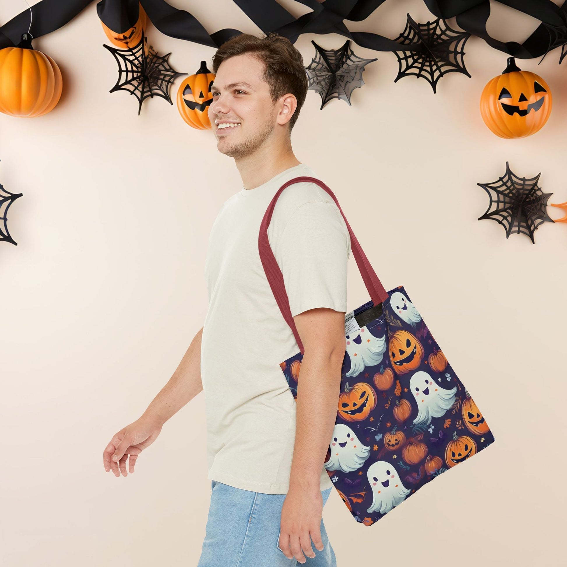 Halloween Trick - or - Treat Tote Bag, Jack - o' - lantern Ghost Pumpkin Fall Festival Purse, Purple All - Over Print Candy Bag, Halloween Costume - EternalAscension