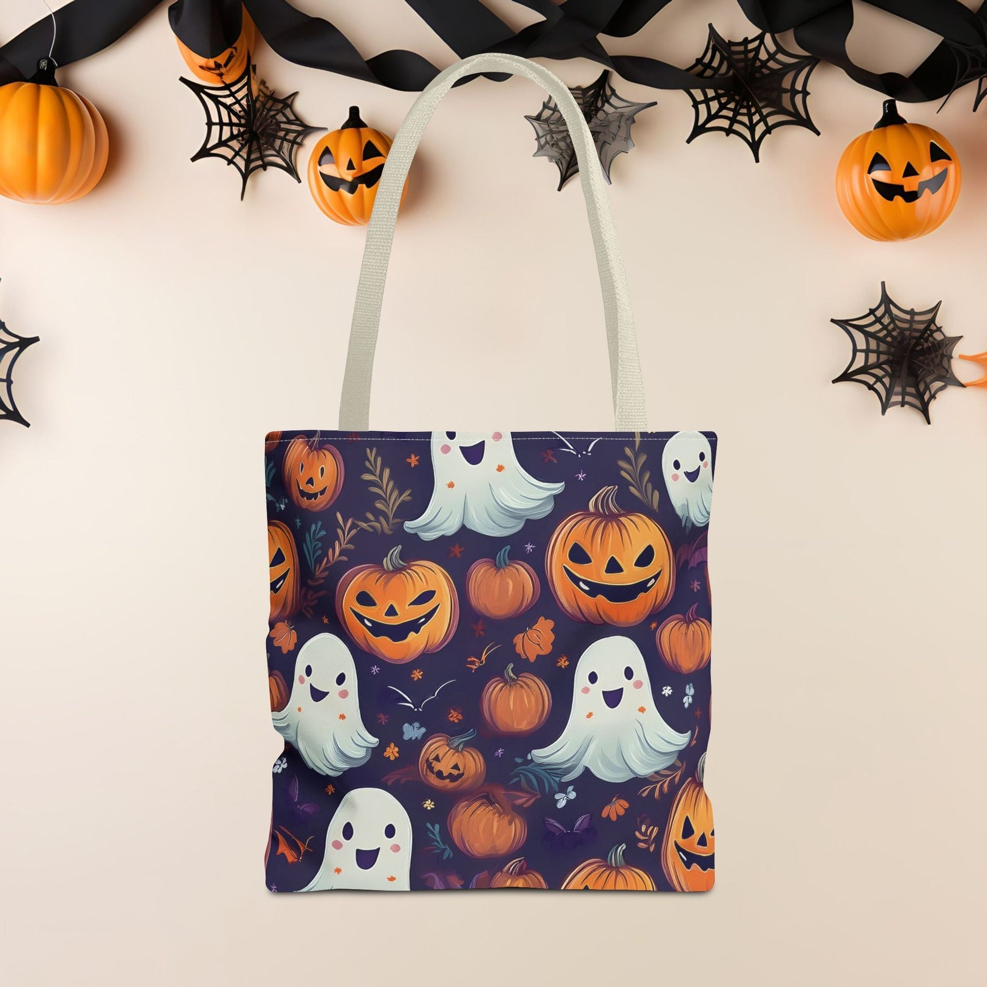 Halloween Trick - or - Treat Tote Bag, Jack - o' - lantern Ghost Pumpkin Fall Festival Purse, Purple All - Over Print Candy Bag, Halloween Costume - EternalAscension