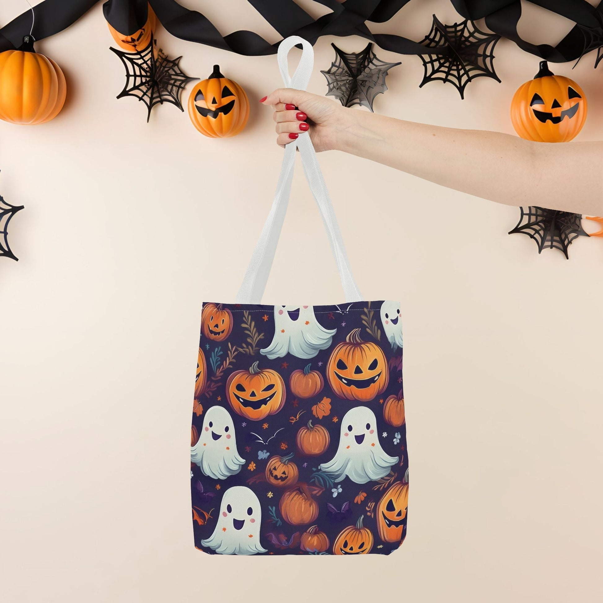 Halloween Trick - or - Treat Tote Bag, Jack - o' - lantern Ghost Pumpkin Fall Festival Purse, Purple All - Over Print Candy Bag, Halloween Costume - EternalAscension