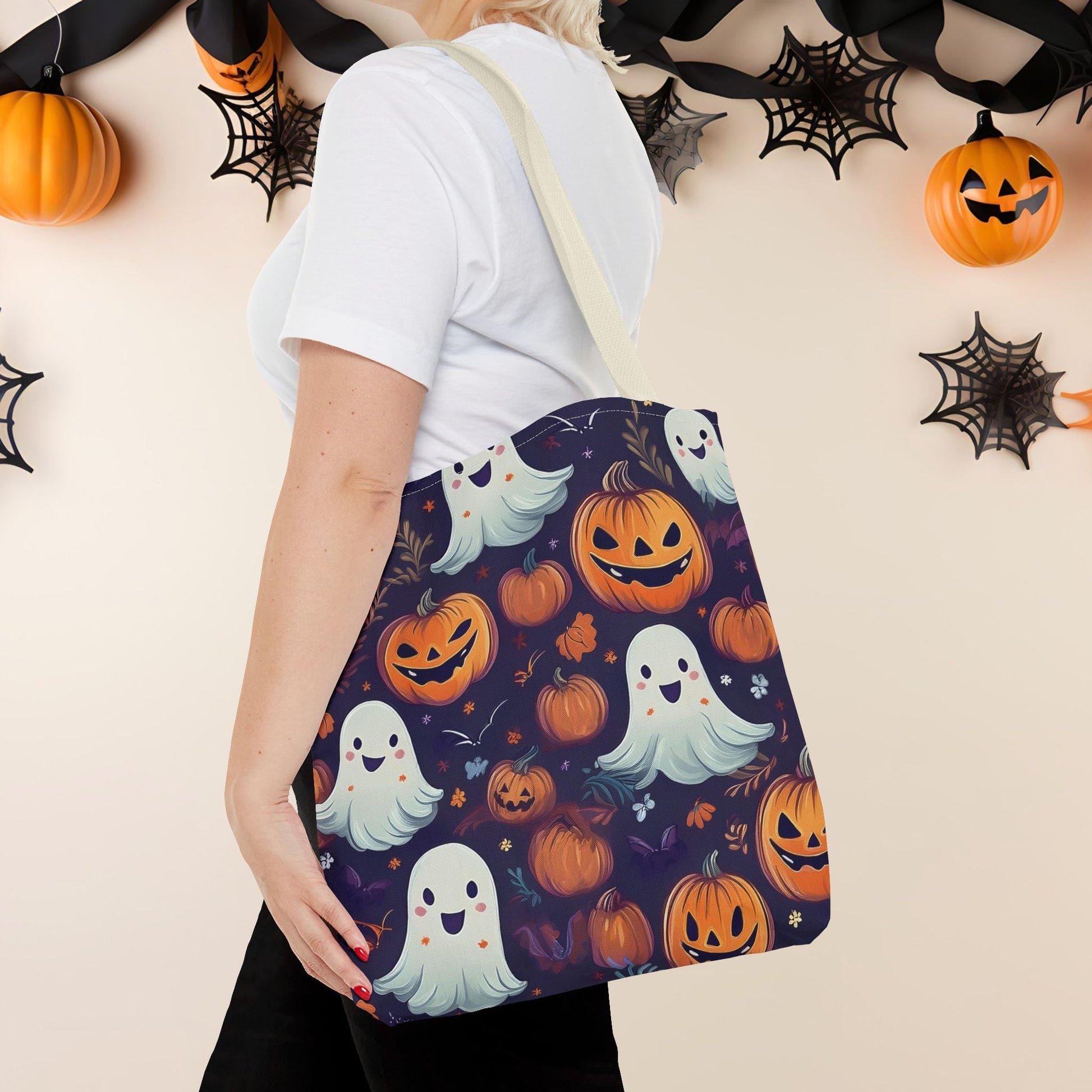 Halloween Trick - or - Treat Tote Bag, Jack - o' - lantern Ghost Pumpkin Fall Festival Purse, Purple All - Over Print Candy Bag, Halloween Costume - EternalAscension