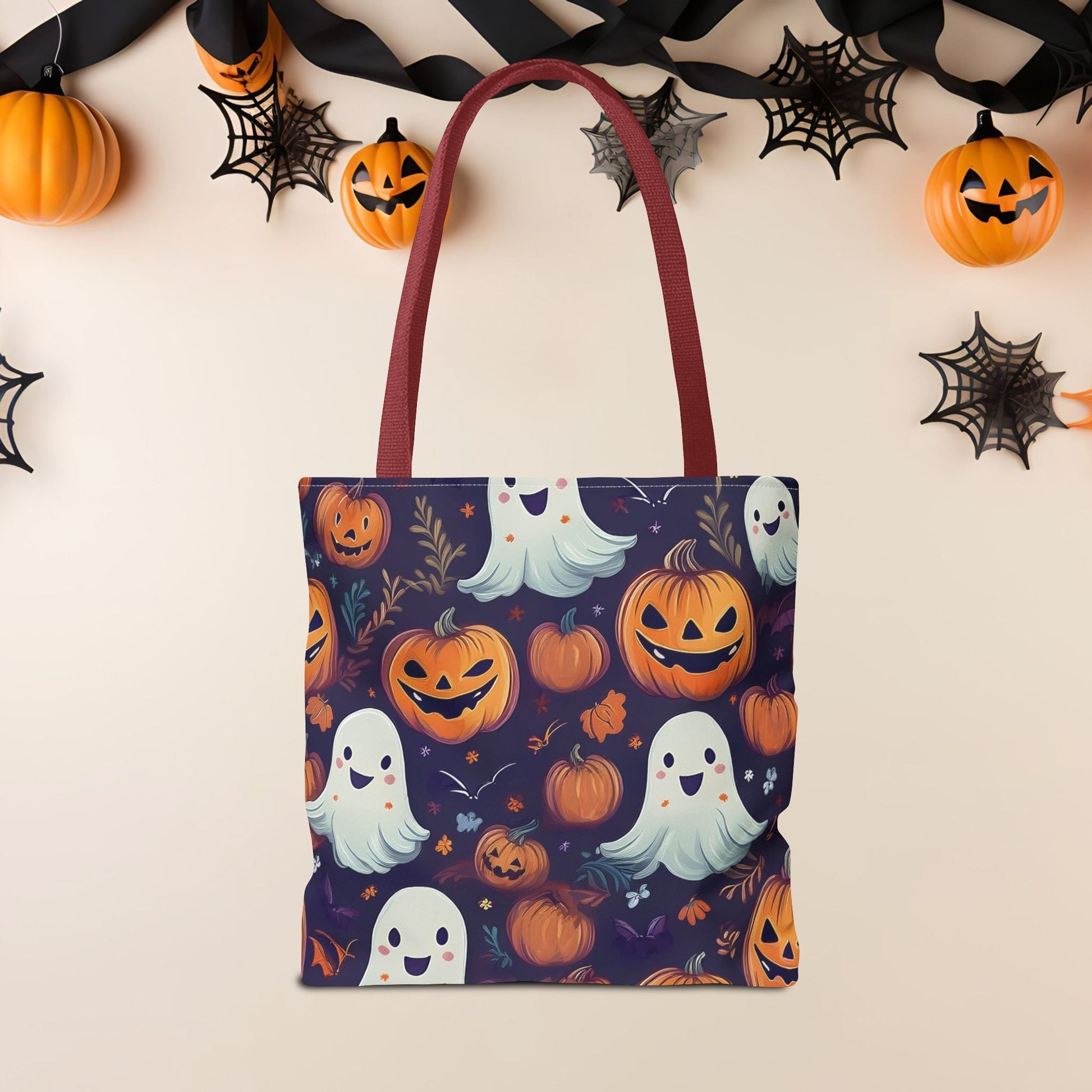 Halloween Trick - or - Treat Tote Bag, Jack - o' - lantern Ghost Pumpkin Fall Festival Purse, Purple All - Over Print Candy Bag, Halloween Costume - EternalAscension