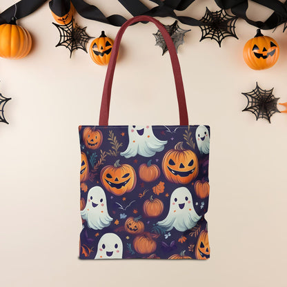 Halloween Trick - or - Treat Tote Bag, Jack - o' - lantern Ghost Pumpkin Fall Festival Purse, Purple All - Over Print Candy Bag, Halloween Costume - EternalAscension