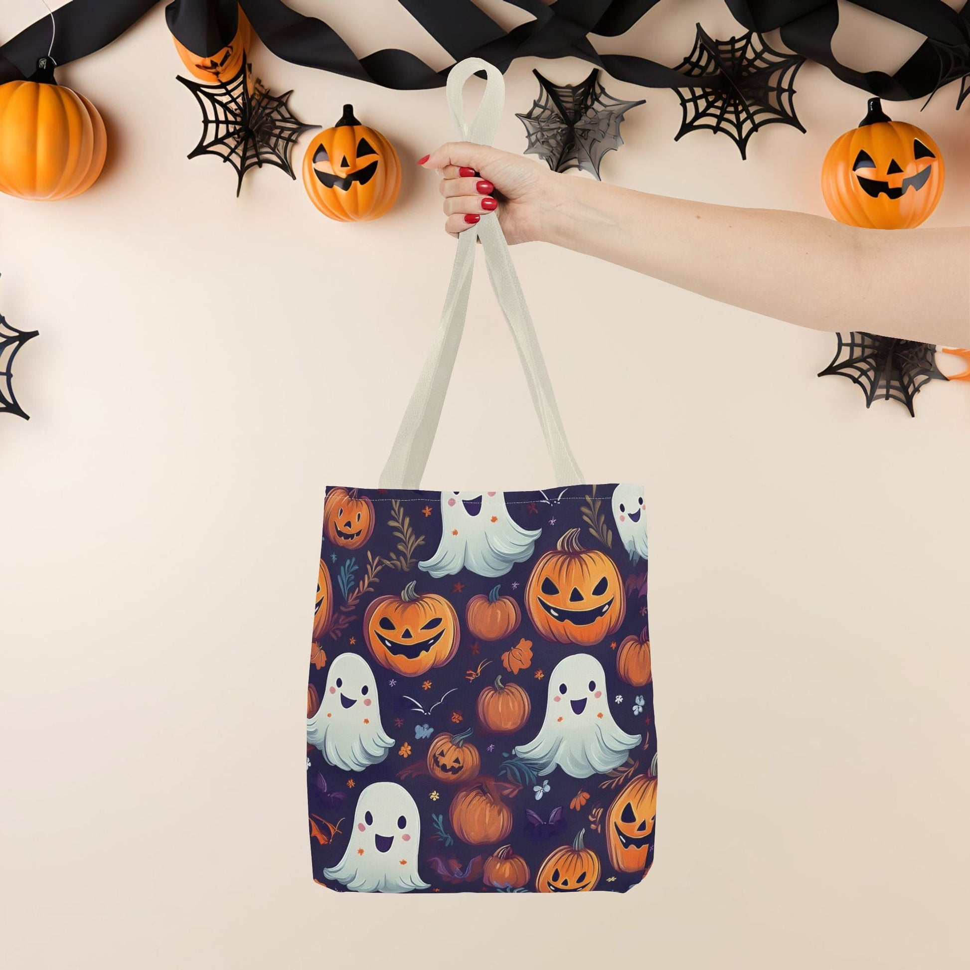 Halloween Trick - or - Treat Tote Bag, Jack - o' - lantern Ghost Pumpkin Fall Festival Purse, Purple All - Over Print Candy Bag, Halloween Costume - EternalAscension