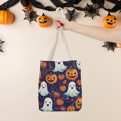 Halloween Trick - or - Treat Tote Bag, Jack - o' - lantern Ghost Pumpkin Fall Festival Purse, Purple All - Over Print Candy Bag, Halloween Costume - EternalAscension