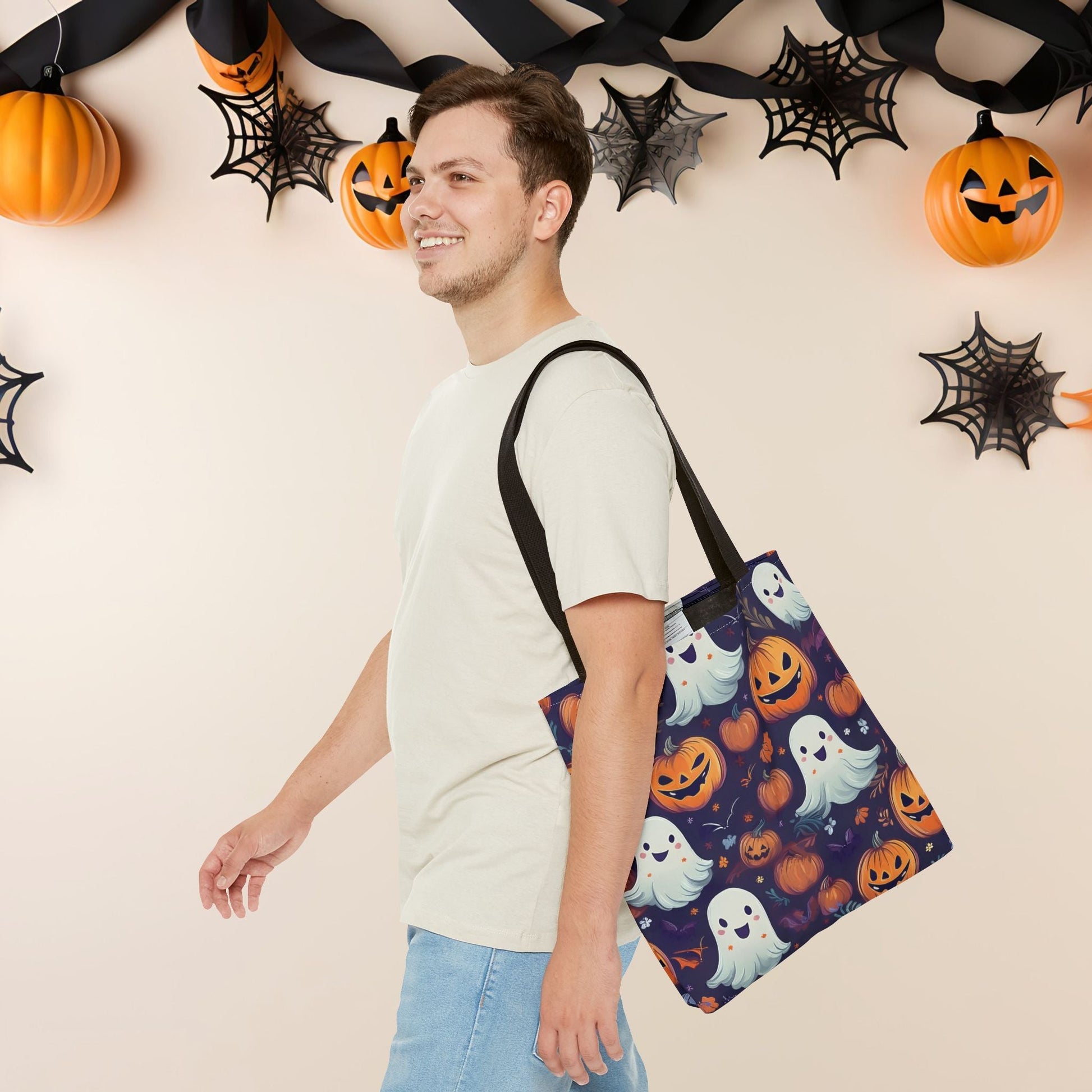 Halloween Trick - or - Treat Tote Bag, Jack - o' - lantern Ghost Pumpkin Fall Festival Purse, Purple All - Over Print Candy Bag, Halloween Costume - EternalAscension