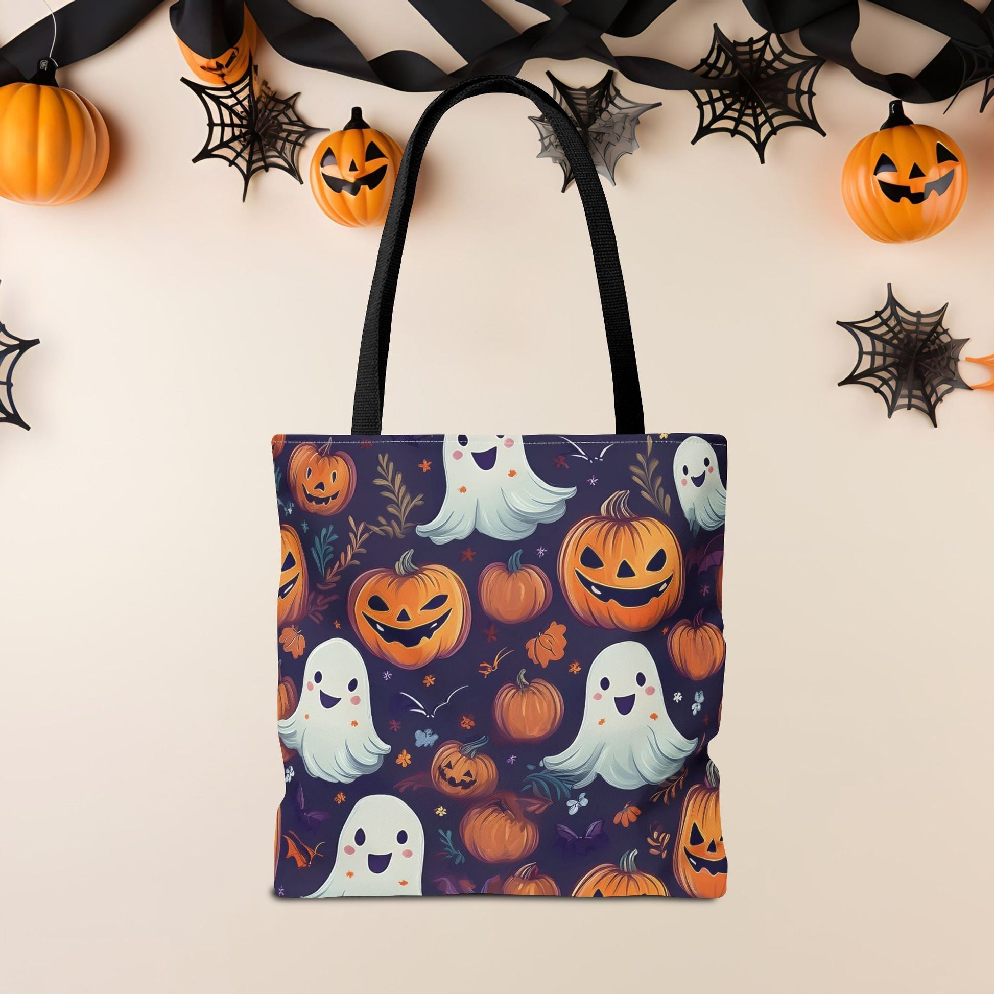 Halloween Trick - or - Treat Tote Bag, Jack - o' - lantern Ghost Pumpkin Fall Festival Purse, Purple All - Over Print Candy Bag, Halloween Costume - EternalAscension