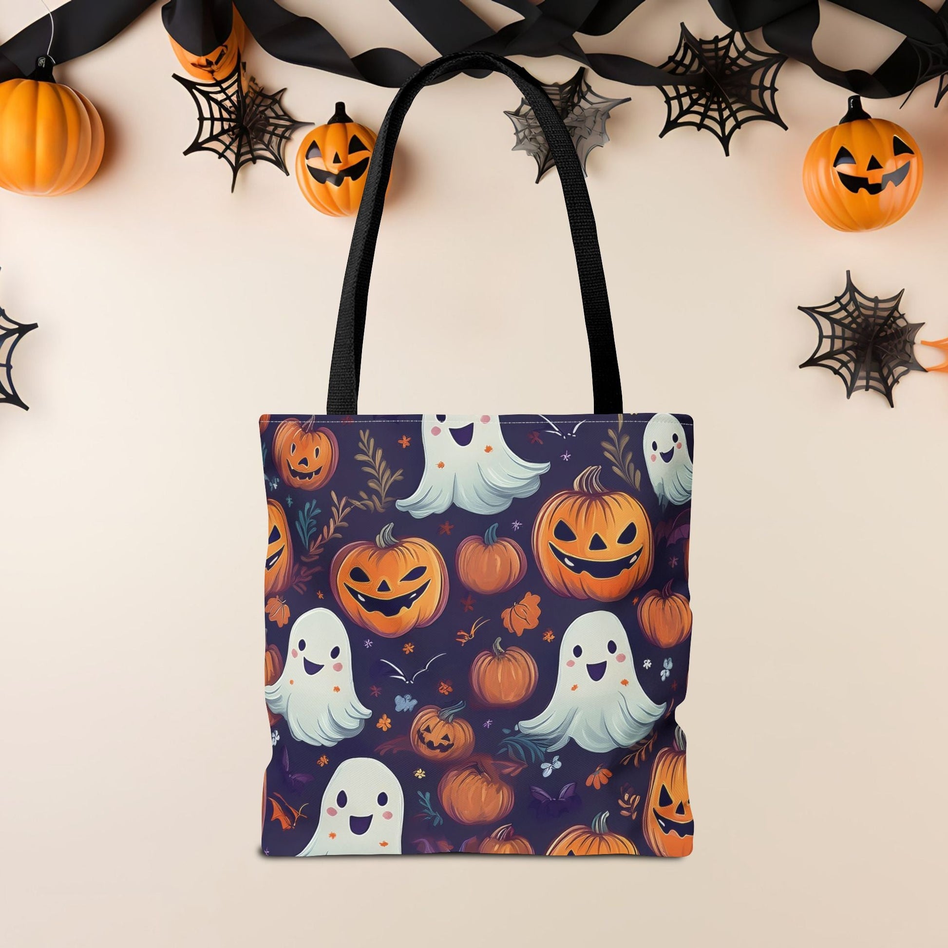 Halloween Trick - or - Treat Tote Bag, Jack - o' - lantern Ghost Pumpkin Fall Festival Purse, Purple All - Over Print Candy Bag, Halloween Costume - EternalAscension