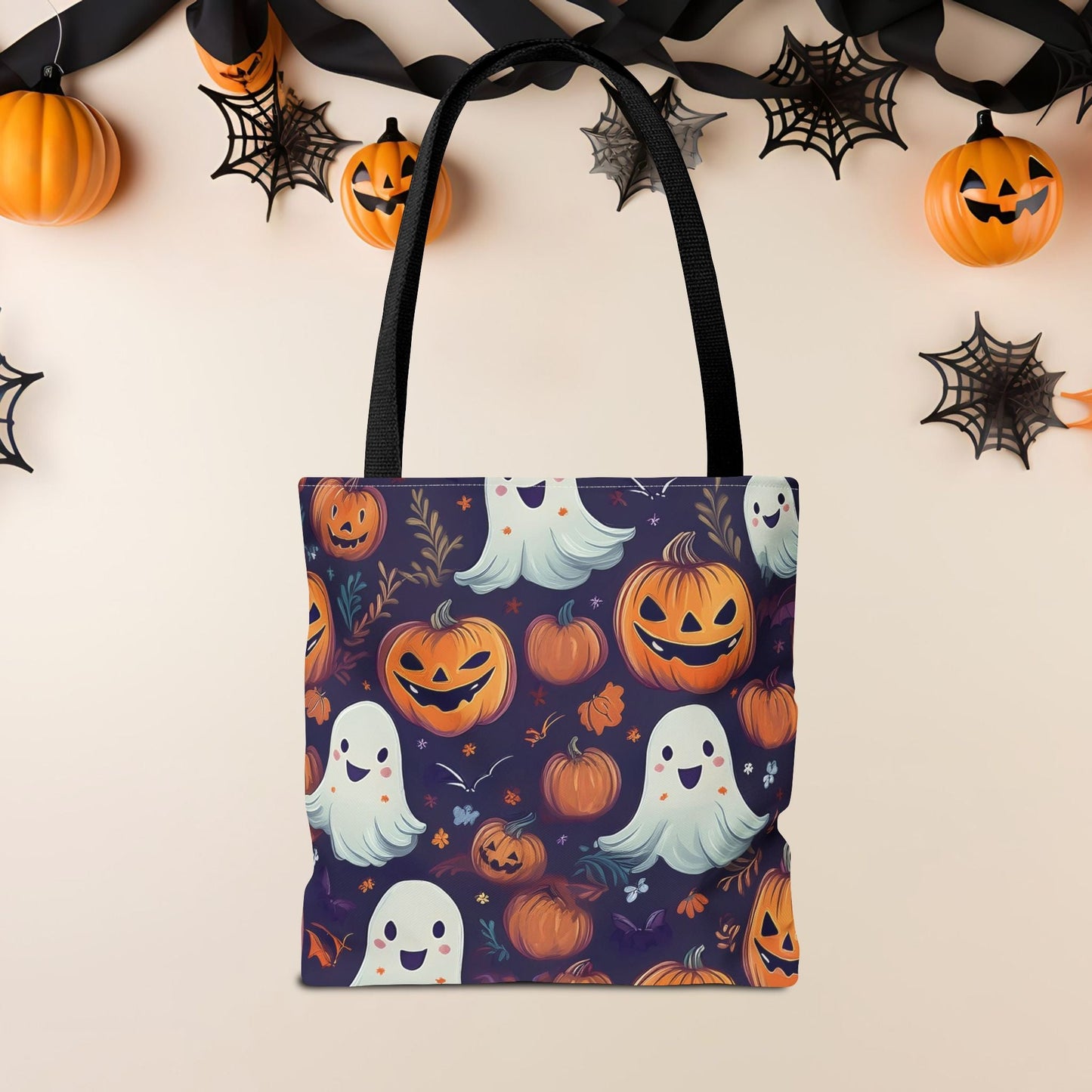 Halloween Trick - or - Treat Tote Bag, Jack - o' - lantern Ghost Pumpkin Fall Festival Purse, Purple All - Over Print Candy Bag, Halloween Costume - EternalAscension