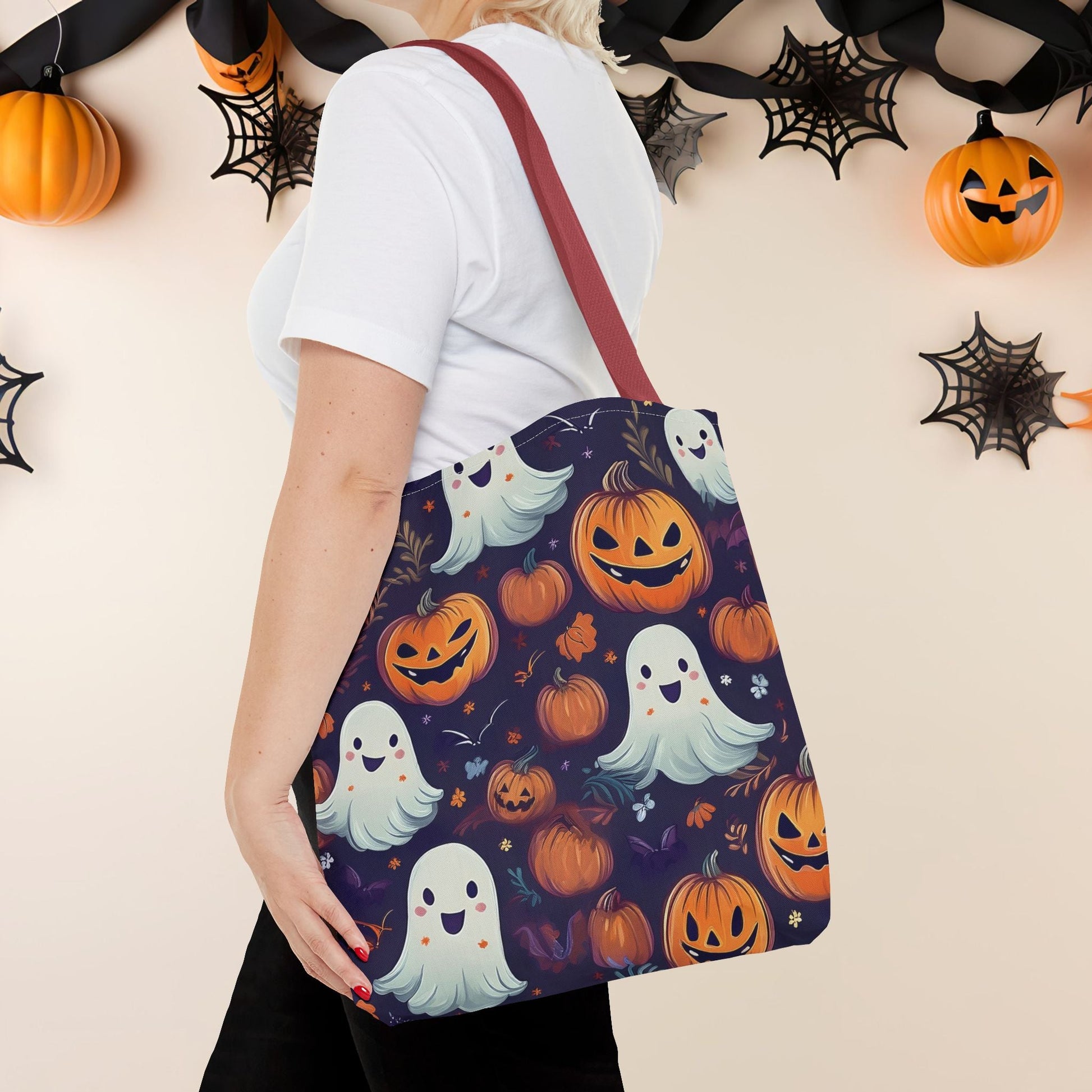 Halloween Trick - or - Treat Tote Bag, Jack - o' - lantern Ghost Pumpkin Fall Festival Purse, Purple All - Over Print Candy Bag, Halloween Costume - EternalAscension
