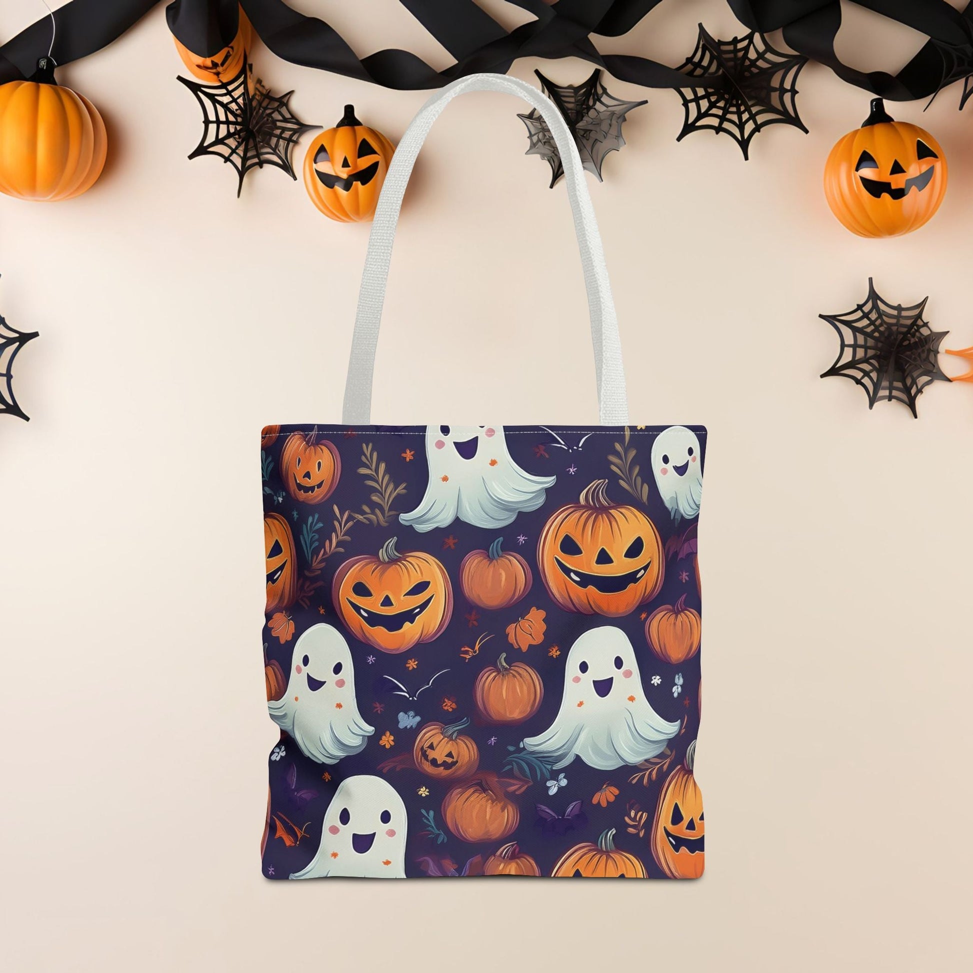 Halloween Trick - or - Treat Tote Bag, Jack - o' - lantern Ghost Pumpkin Fall Festival Purse, Purple All - Over Print Candy Bag, Halloween Costume - EternalAscension