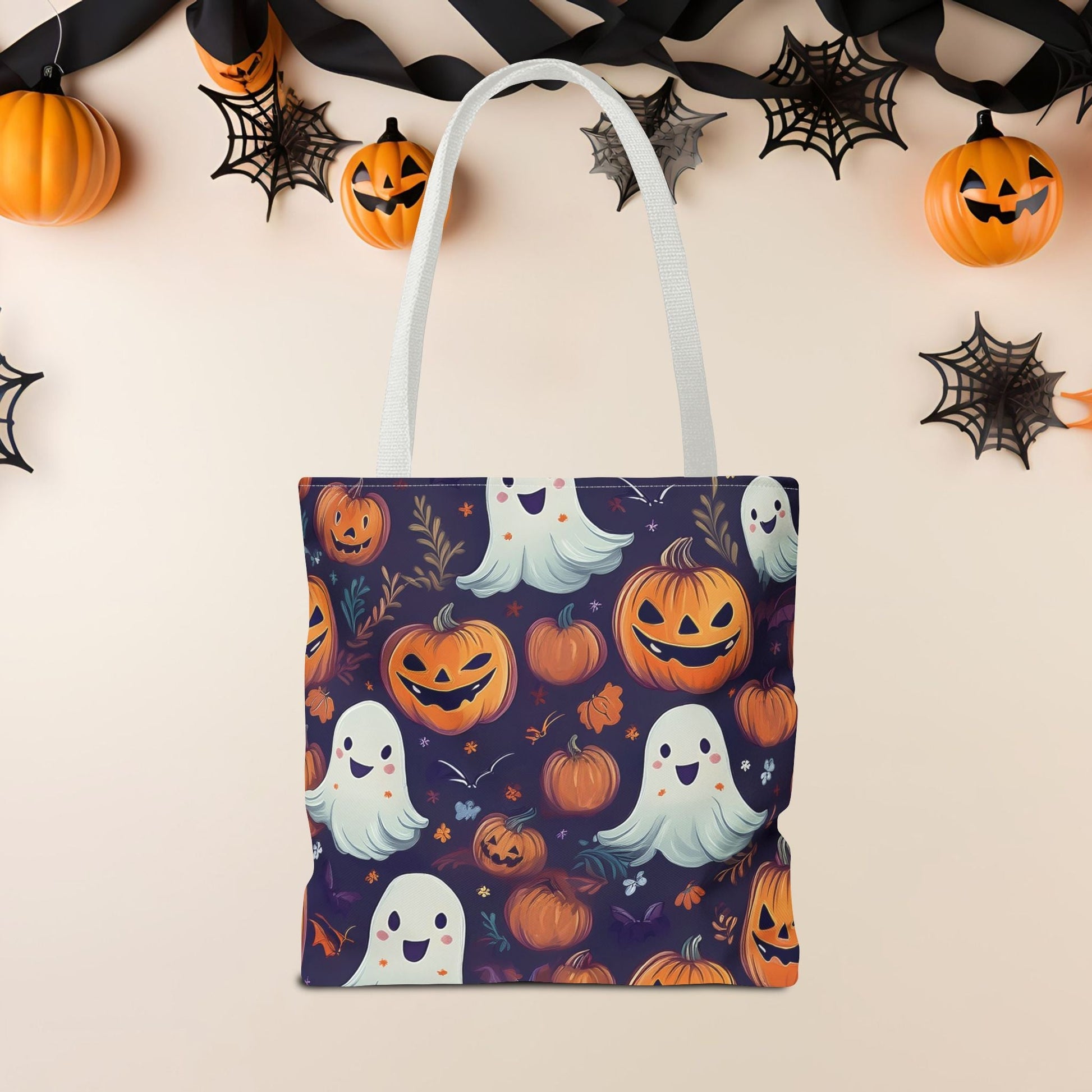 Halloween Trick - or - Treat Tote Bag, Jack - o' - lantern Ghost Pumpkin Fall Festival Purse, Purple All - Over Print Candy Bag, Halloween Costume - EternalAscension