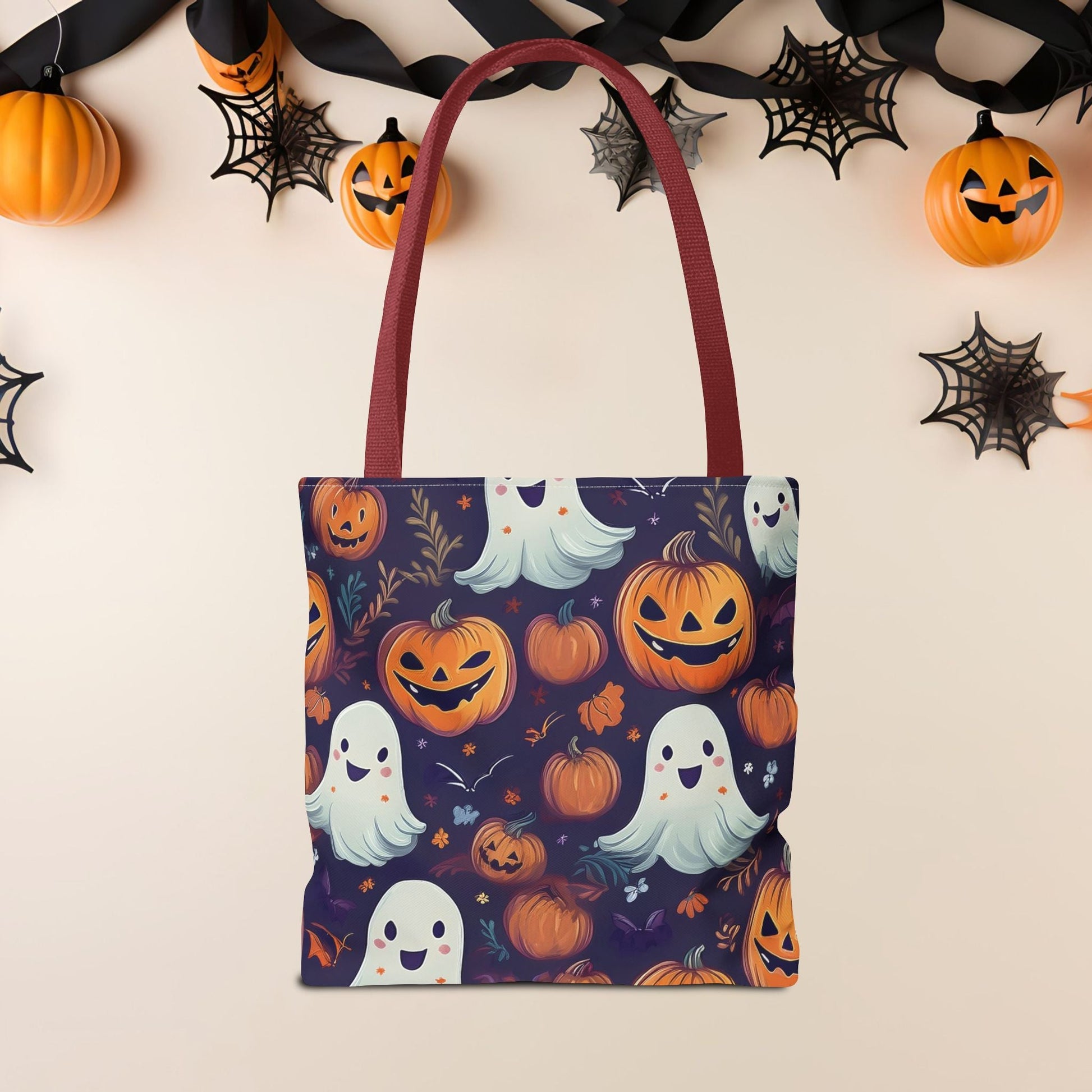 Halloween Trick - or - Treat Tote Bag, Jack - o' - lantern Ghost Pumpkin Fall Festival Purse, Purple All - Over Print Candy Bag, Halloween Costume - EternalAscension