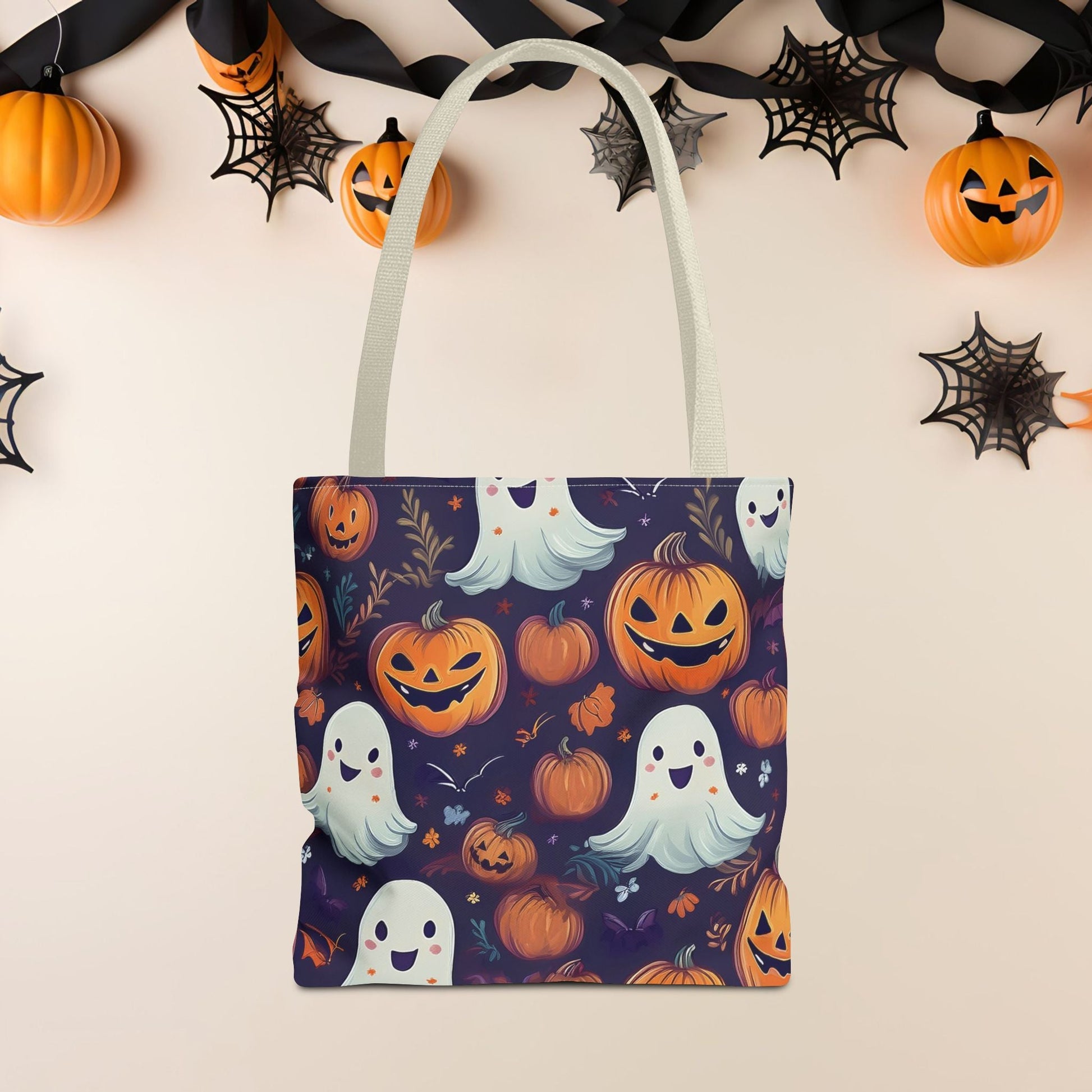 Halloween Trick - or - Treat Tote Bag, Jack - o' - lantern Ghost Pumpkin Fall Festival Purse, Purple All - Over Print Candy Bag, Halloween Costume - EternalAscension
