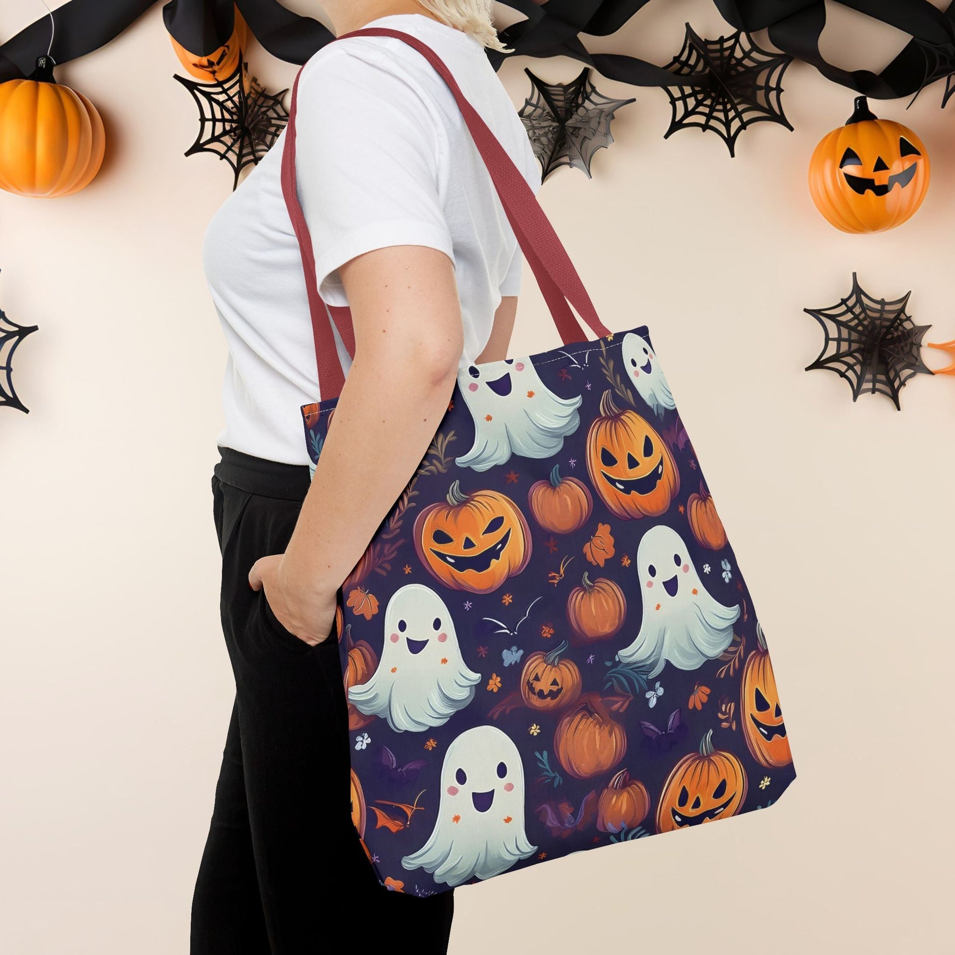 Halloween Trick - or - Treat Tote Bag, Jack - o' - lantern Ghost Pumpkin Fall Festival Purse, Purple All - Over Print Candy Bag, Halloween Costume - EternalAscension