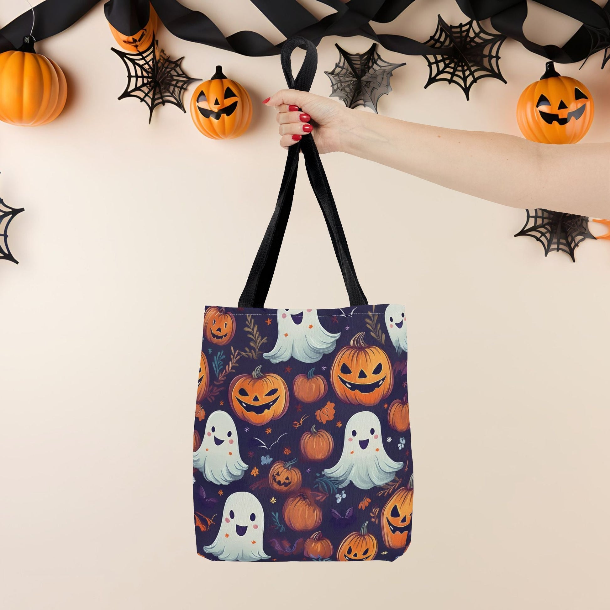 Halloween Trick - or - Treat Tote Bag, Jack - o' - lantern Ghost Pumpkin Fall Festival Purse, Purple All - Over Print Candy Bag, Halloween Costume - EternalAscension