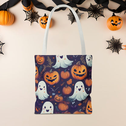Halloween Trick - or - Treat Tote Bag, Jack - o' - lantern Ghost Pumpkin Fall Festival Purse, Purple All - Over Print Candy Bag, Halloween Costume - EternalAscension
