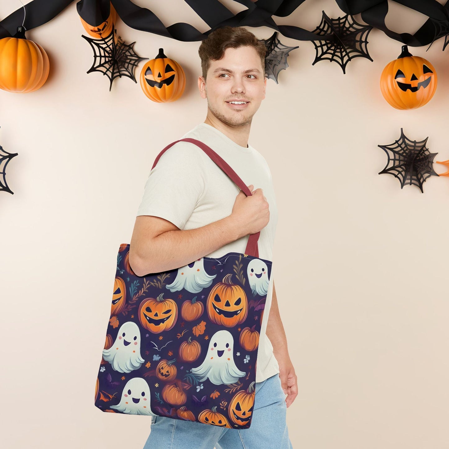 Halloween Trick - or - Treat Tote Bag, Jack - o' - lantern Ghost Pumpkin Fall Festival Purse, Purple All - Over Print Candy Bag, Halloween Costume - EternalAscension