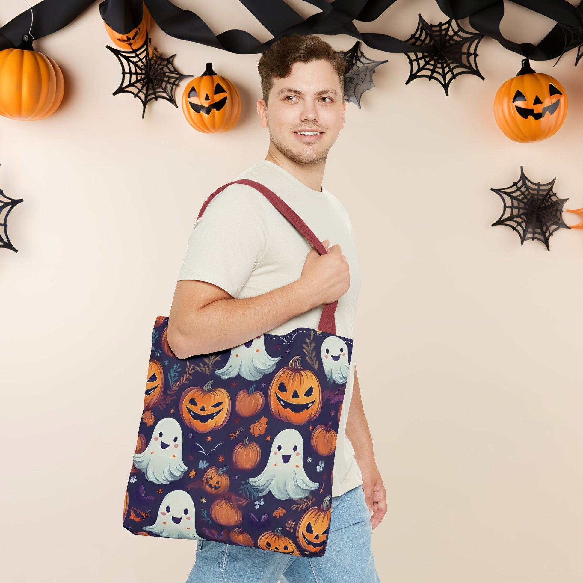 Halloween Trick - or - Treat Tote Bag, Jack - o' - lantern Ghost Pumpkin Fall Festival Purse, Purple All - Over Print Candy Bag, Halloween Costume - EternalAscension