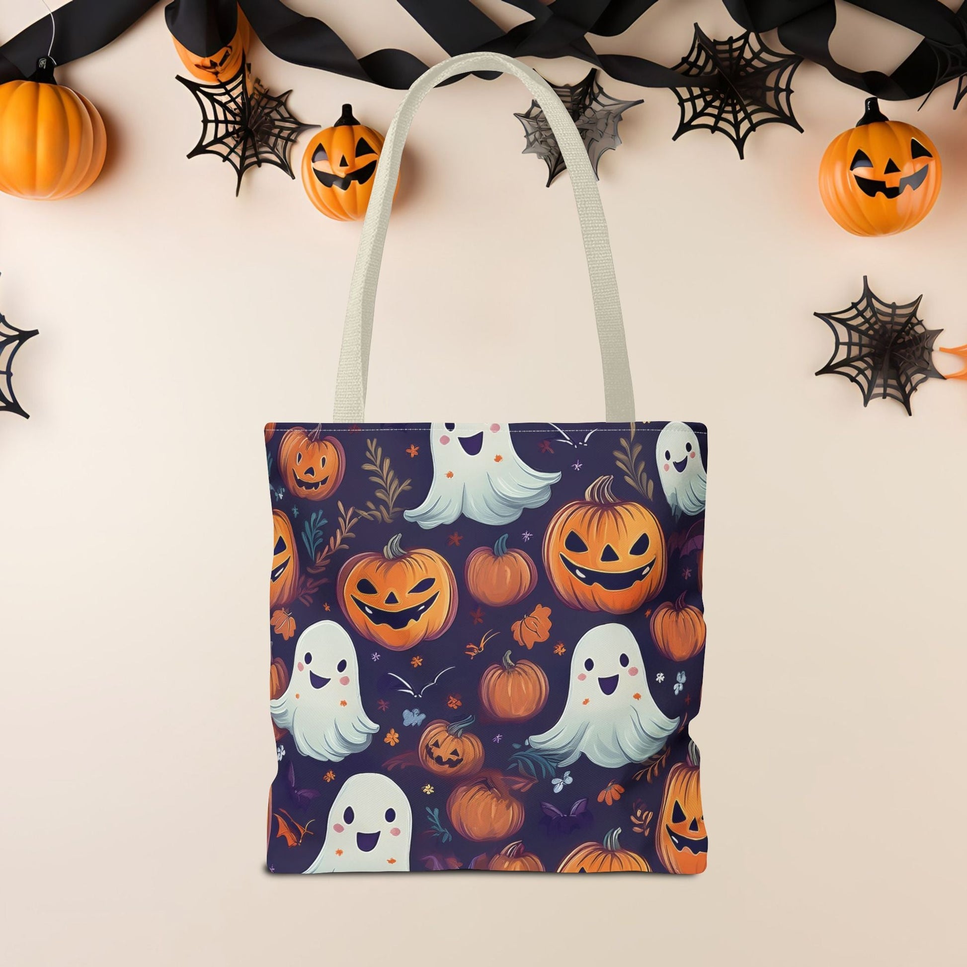 Halloween Trick - or - Treat Tote Bag, Jack - o' - lantern Ghost Pumpkin Fall Festival Purse, Purple All - Over Print Candy Bag, Halloween Costume - EternalAscension