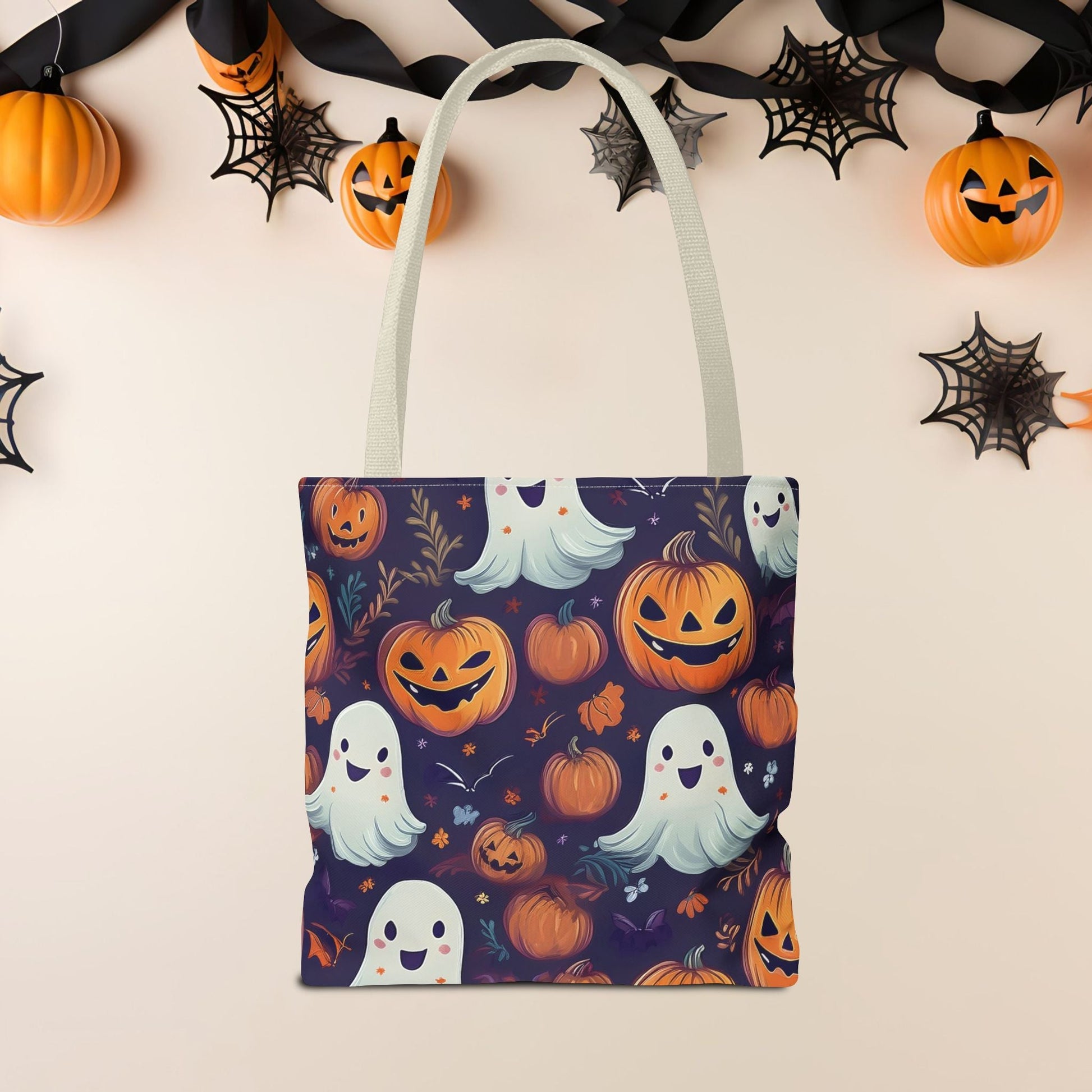 Halloween Trick - or - Treat Tote Bag, Jack - o' - lantern Ghost Pumpkin Fall Festival Purse, Purple All - Over Print Candy Bag, Halloween Costume - EternalAscension