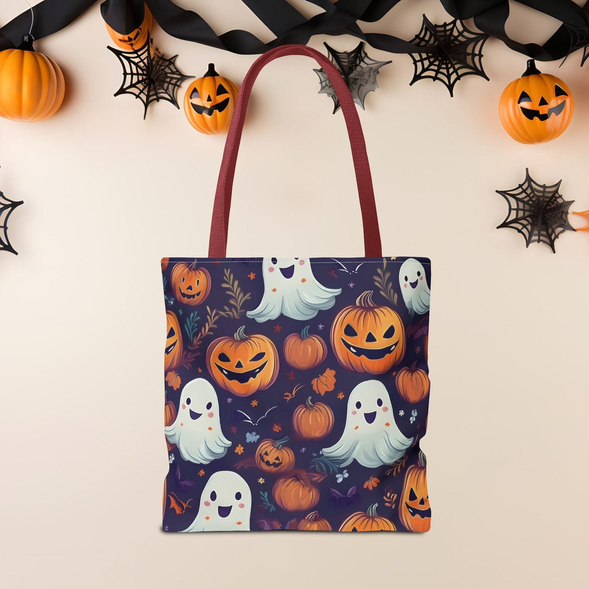 Halloween Trick - or - Treat Tote Bag, Jack - o' - lantern Ghost Pumpkin Fall Festival Purse, Purple All - Over Print Candy Bag, Halloween Costume - EternalAscension