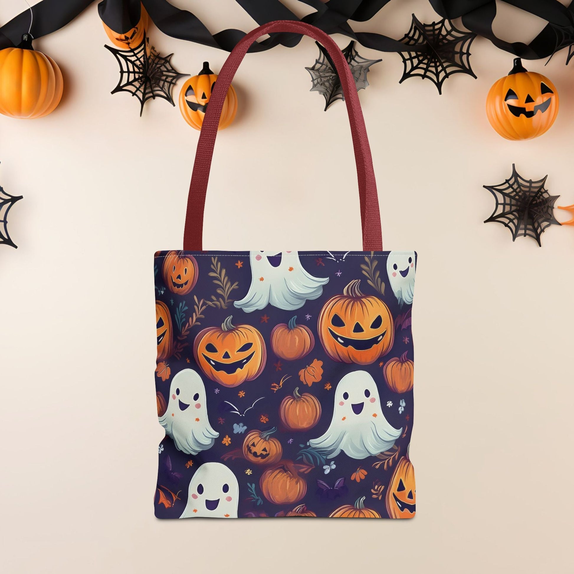 Halloween Trick - or - Treat Tote Bag, Jack - o' - lantern Ghost Pumpkin Fall Festival Purse, Purple All - Over Print Candy Bag, Halloween Costume - EternalAscension