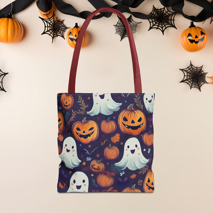 Halloween Trick - or - Treat Tote Bag, Jack - o' - lantern Ghost Pumpkin Fall Festival Purse, Purple All - Over Print Candy Bag, Halloween Costume - EternalAscension