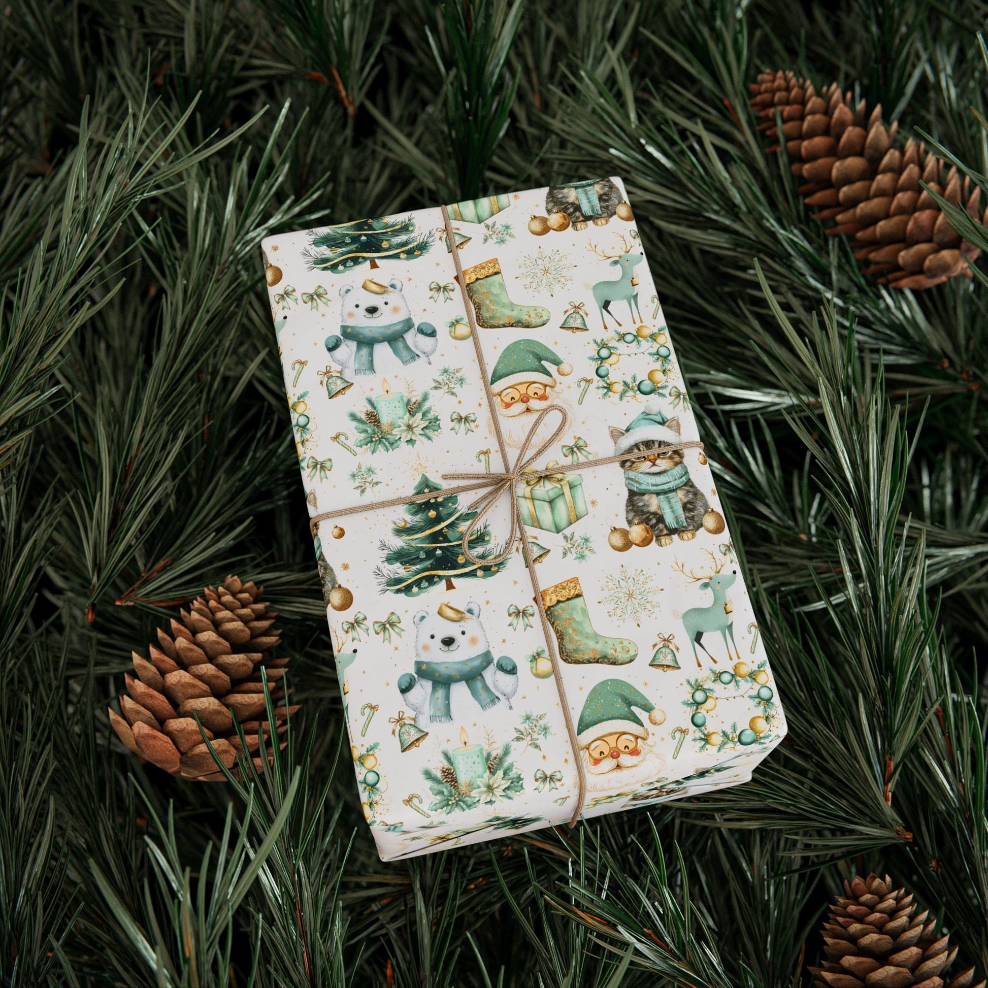 Holiday Festivities Wrapping Paper - Polar Bear, Reindeer, Santa Claus, Christmas Tree - Festive Gift Wrap, Seasonal Decor, Gift Packaging - EternalAscension