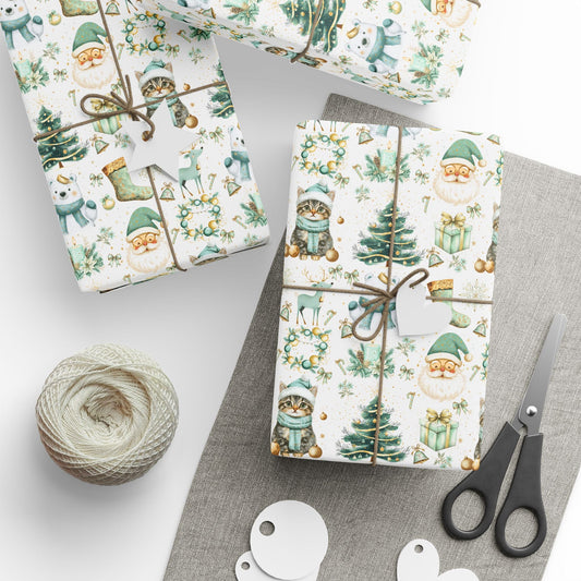 Holiday Festivities Wrapping Paper - Polar Bear, Reindeer, Santa Claus, Christmas Tree - Festive Gift Wrap, Seasonal Decor, Gift Packaging - EternalAscension