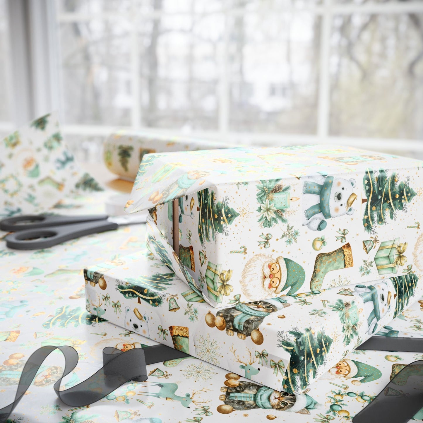 Holiday Festivities Wrapping Paper - Polar Bear, Reindeer, Santa Claus, Christmas Tree - Festive Gift Wrap, Seasonal Decor, Gift Packaging - EternalAscension