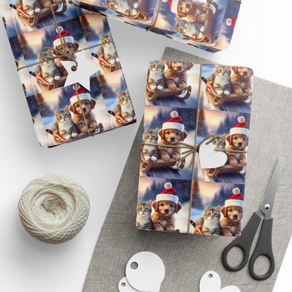 Holiday Sled Ride Wrapping Paper, Christmas Gift Wrap, Festive Cat and Dog Design, Matte or Glossy Finish, High - Quality Custom Art Paper, 3 - EternalAscension
