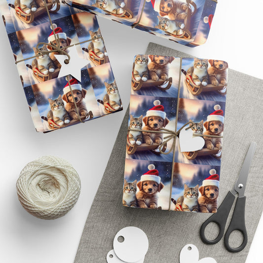 Holiday Sled Ride Wrapping Paper, Christmas Gift Wrap, Festive Cat and Dog Design, Matte or Glossy Finish, High - Quality Custom Art Paper, 3 - EternalAscension