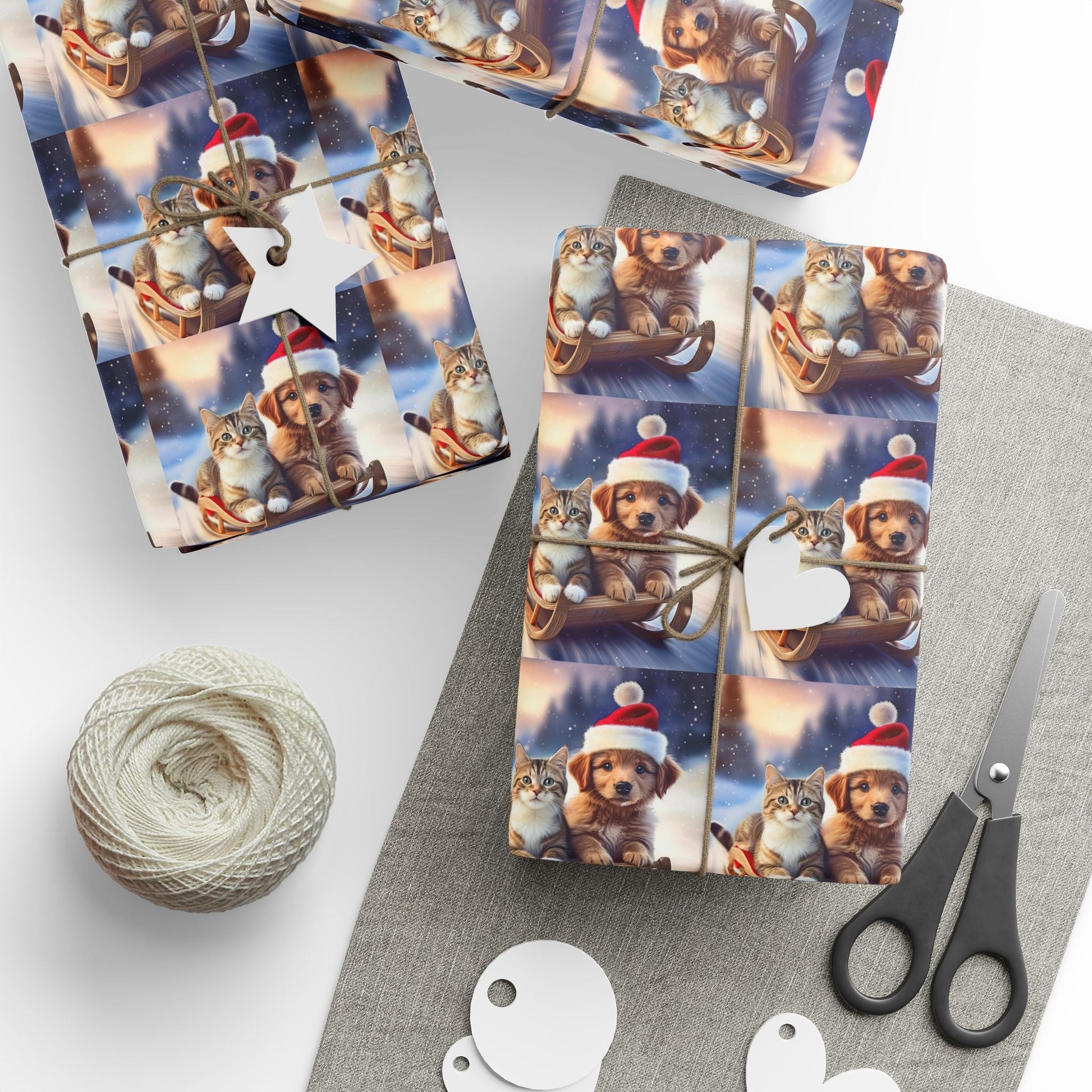 Holiday Sled Ride Wrapping Paper, Christmas Gift Wrap, Festive Cat and Dog Design, Matte or Glossy Finish, High - Quality Custom Art Paper, 3 - EternalAscension