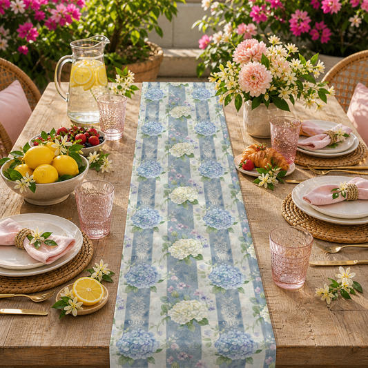Hydrangea Table Runner, Blue Floral Table Runner, Cottagecore Table Decor, Farmhouse Summer Table Runner, Grandmillennial Decor - EternalAscension