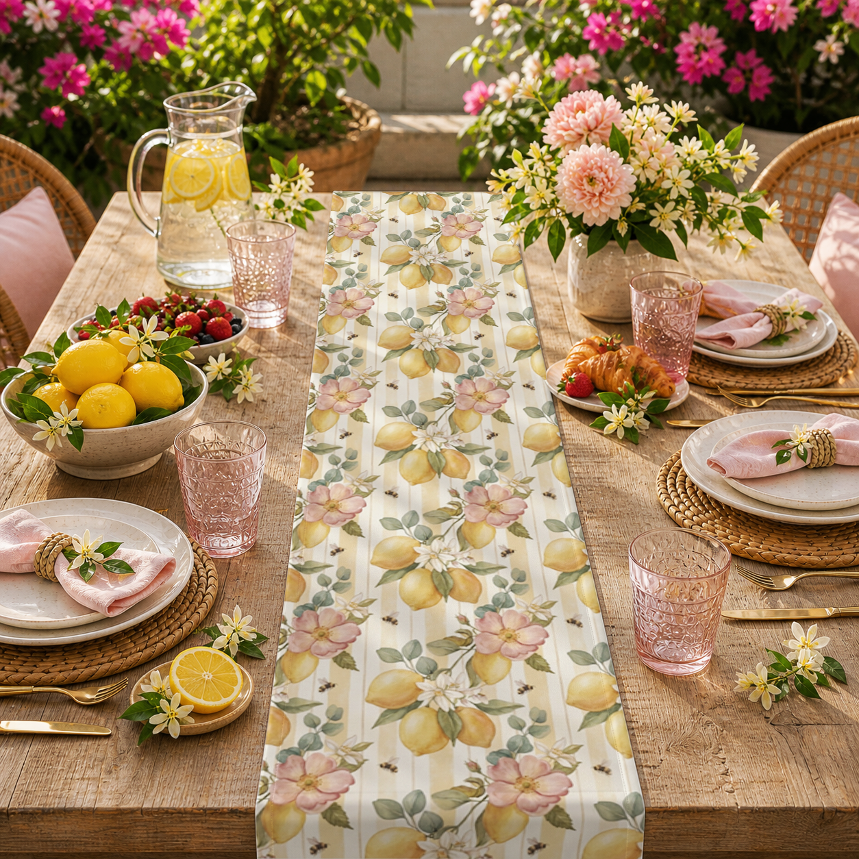 Lemon Blossom Pattern Table Runner | Floral Citrus Stripe - EternalAscension