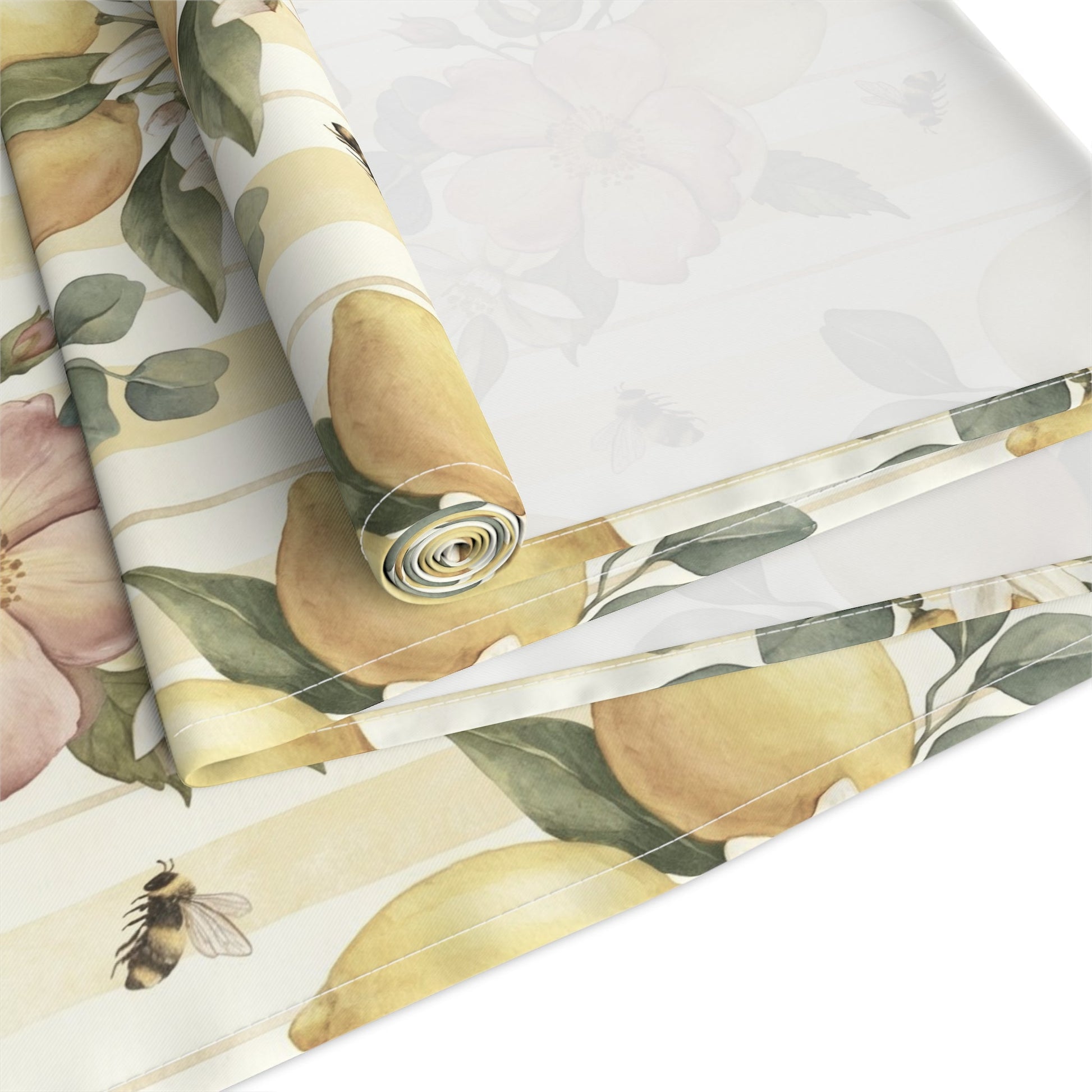 Lemon Blossom Pattern Table Runner | Floral Citrus Stripe - EternalAscension