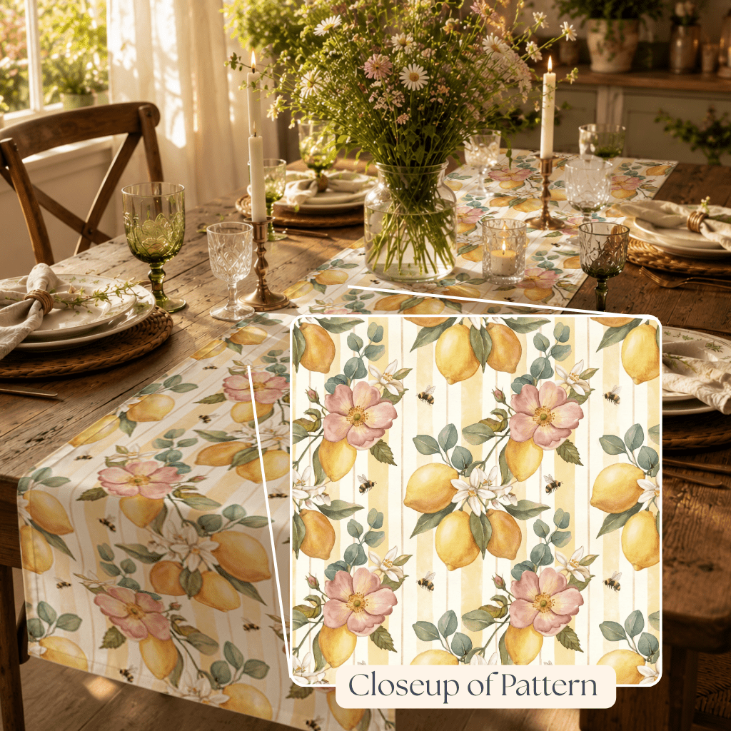 Lemon Blossom Pattern Table Runner | Floral Citrus Stripe - EternalAscension