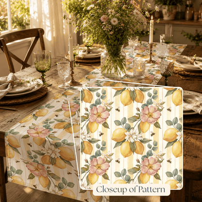 Lemon Blossom Pattern Table Runner | Floral Citrus Stripe - EternalAscension