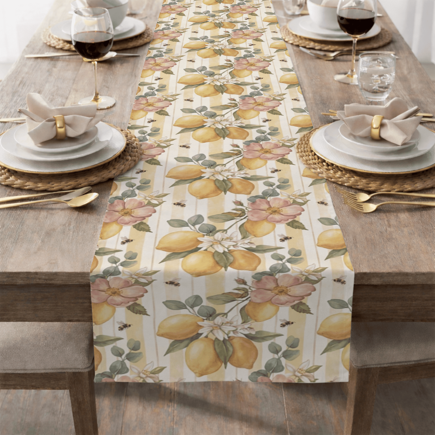 Lemon Blossom Pattern Table Runner | Floral Citrus Stripe - EternalAscension