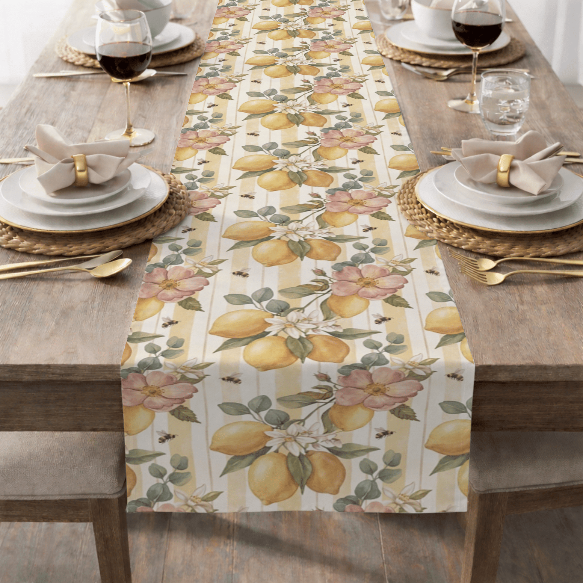 Lemon Blossom Pattern Table Runner | Floral Citrus Stripe - EternalAscension