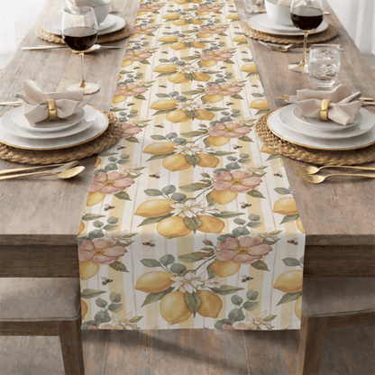 Lemon Blossom Pattern Table Runner | Floral Citrus Stripe - EternalAscension