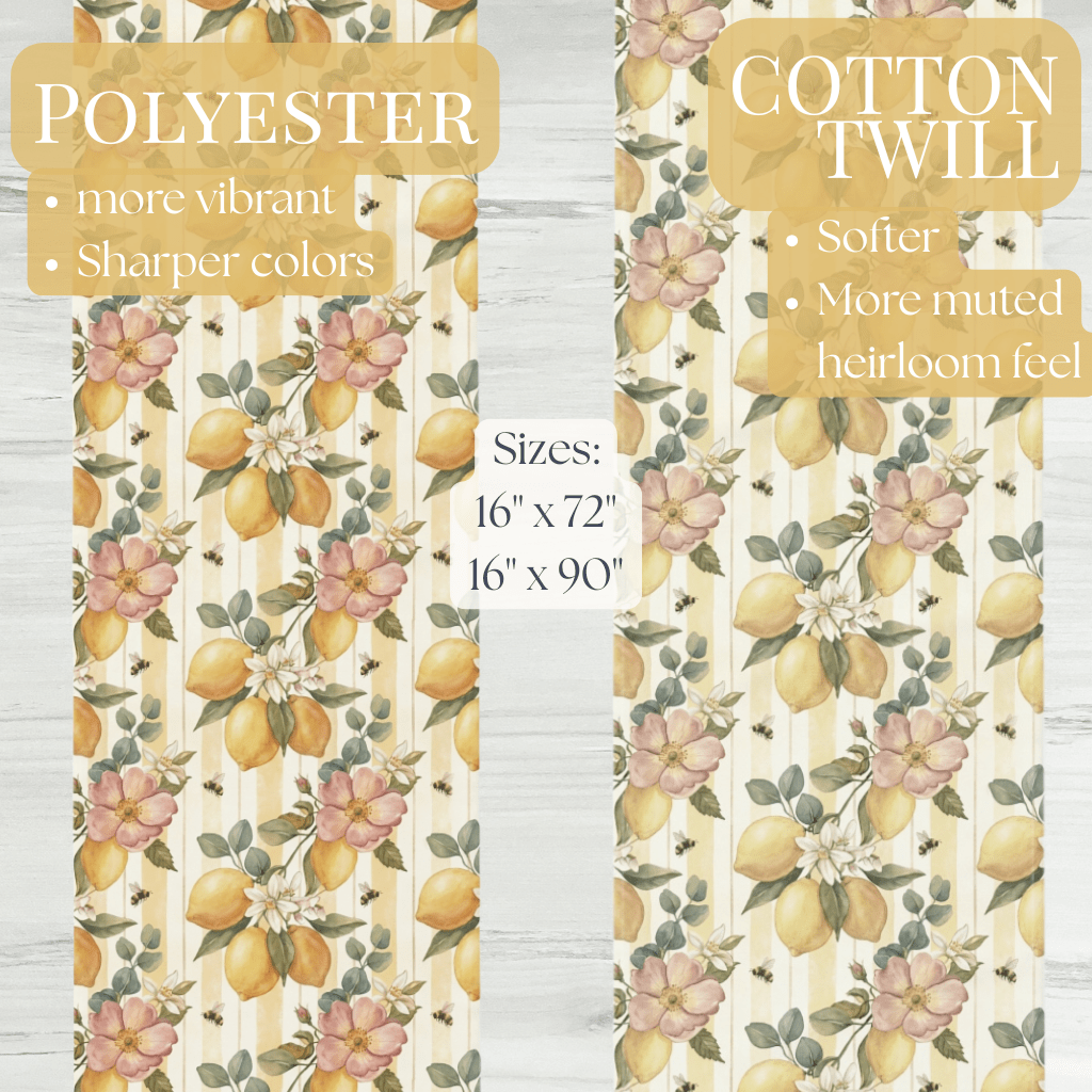 Lemon Blossom Pattern Table Runner | Floral Citrus Stripe - EternalAscension