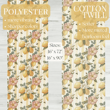 Lemon Blossom Pattern Table Runner | Floral Citrus Stripe - EternalAscension