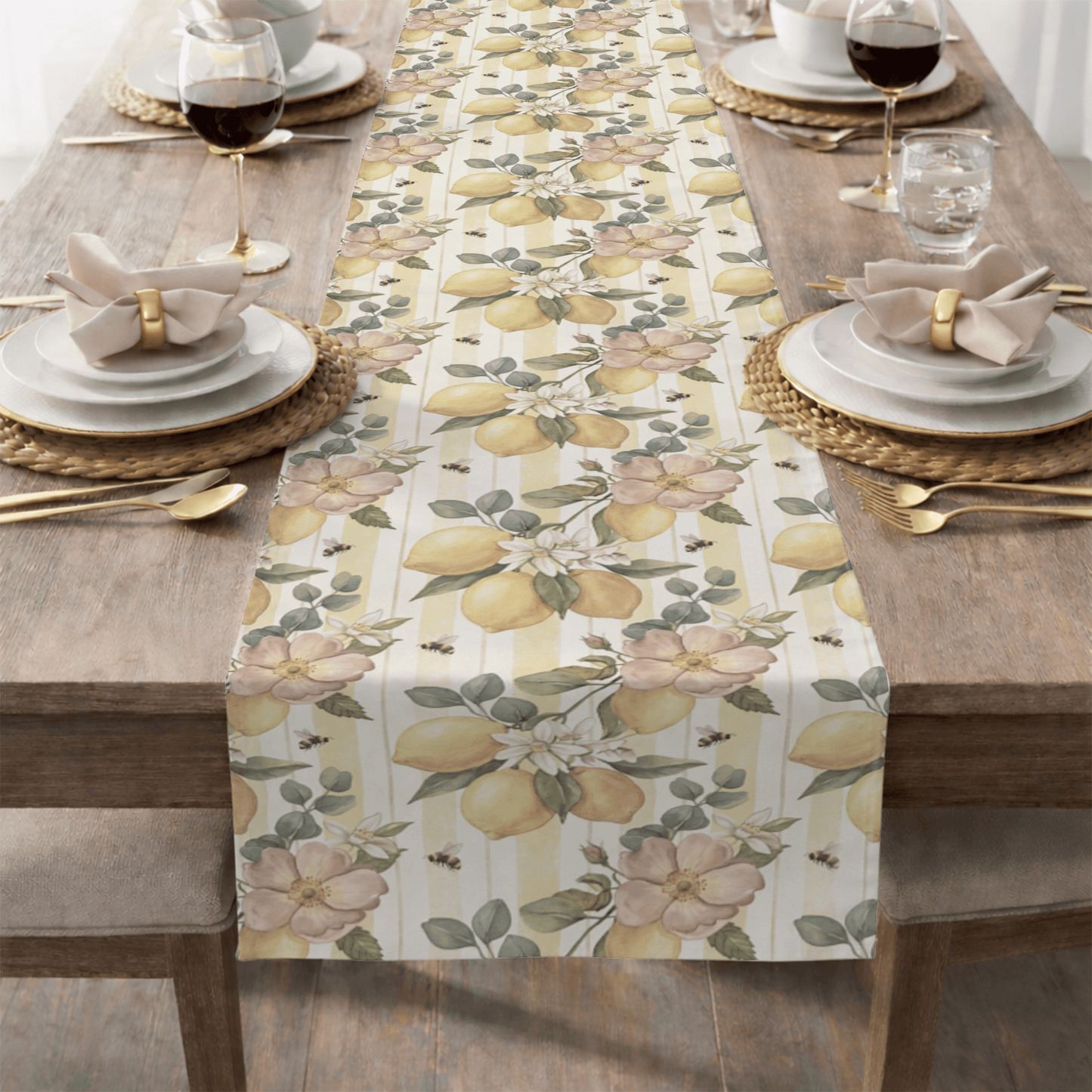Lemon Blossom Pattern Table Runner | Floral Citrus Stripe - EternalAscension