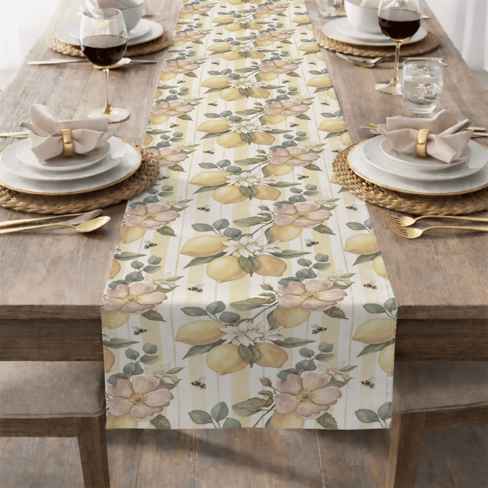 Lemon Blossom Pattern Table Runner | Floral Citrus Stripe - EternalAscension