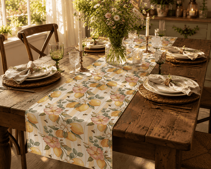 Lemon Blossom Pattern Table Runner | Floral Citrus Stripe - EternalAscension