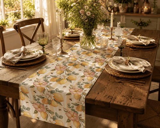 Lemon Blossom Pattern Table Runner | Floral Citrus Stripe - EternalAscension