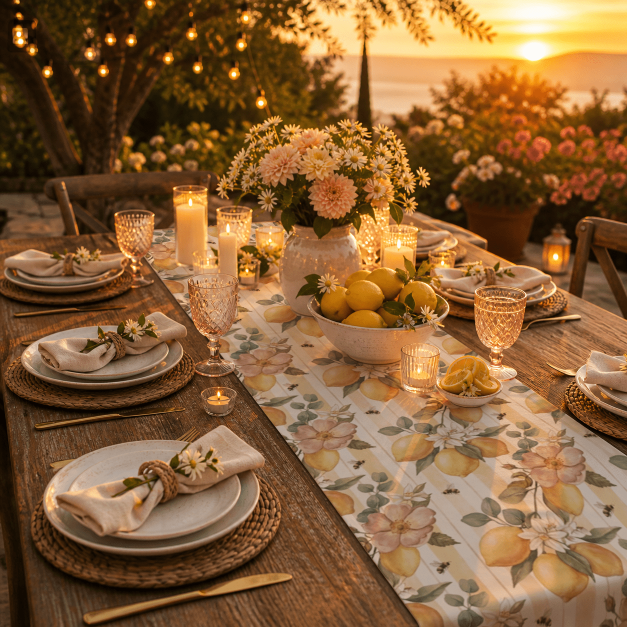 Lemon Blossom Pattern Table Runner | Floral Citrus Stripe - EternalAscension