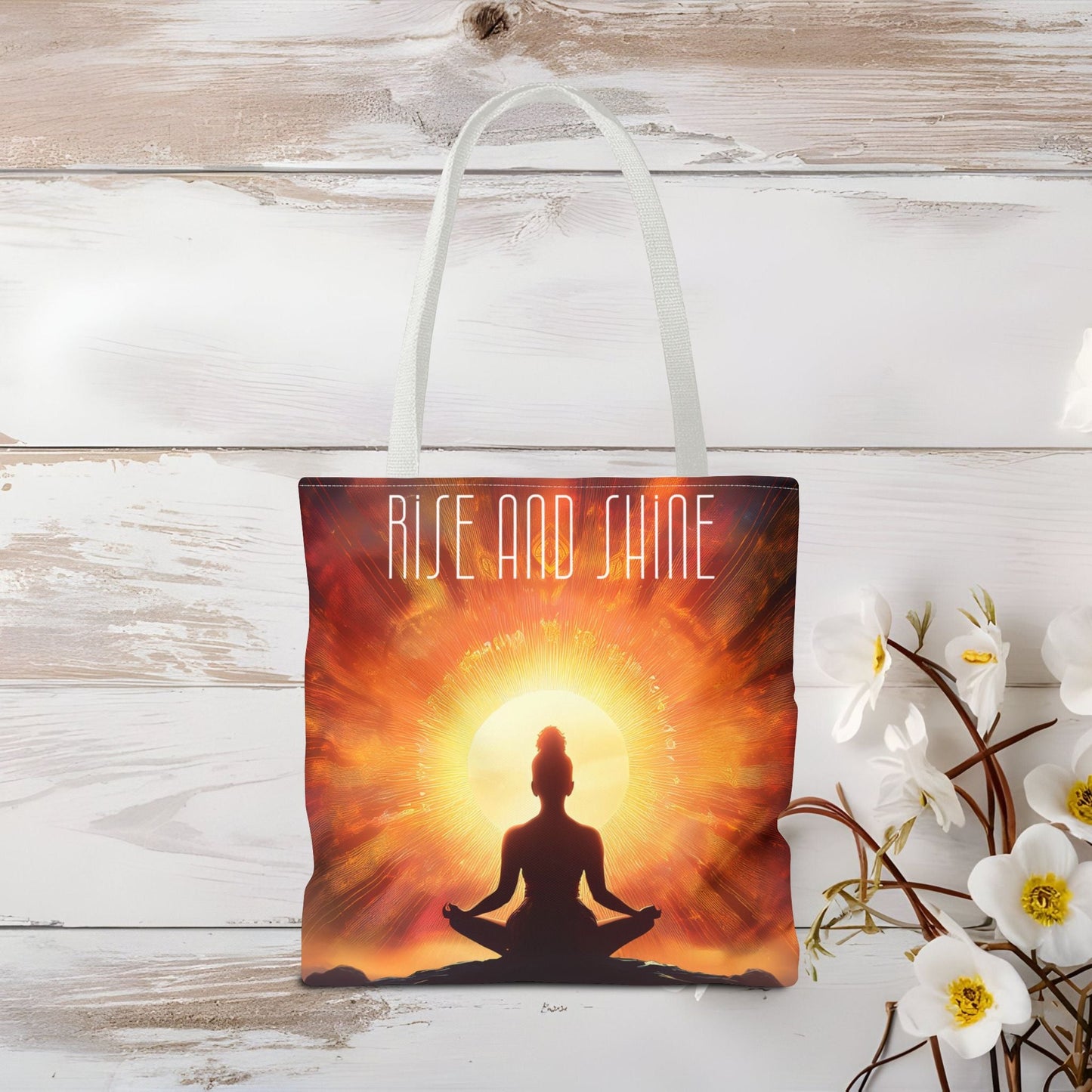 Meditation Tote Bag - Serene Silhouette with 'RISE AND SHINE' Quote - EternalAscension