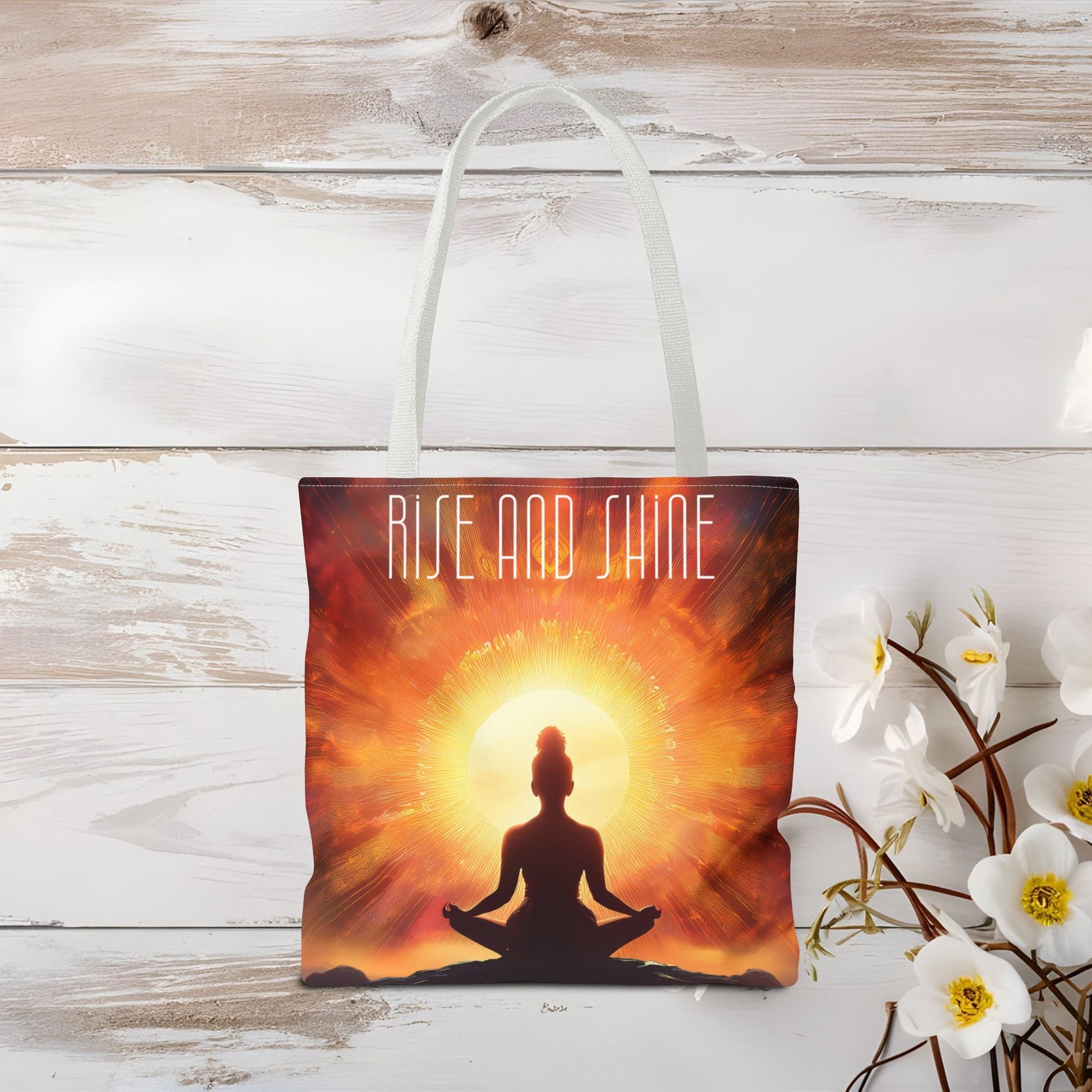 Meditation Tote Bag - Serene Silhouette with 'RISE AND SHINE' Quote - EternalAscension
